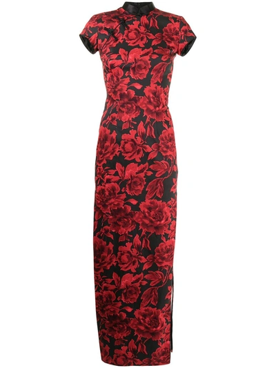 Shanghai Tang Rose-print Maxi-length Qipao In Black