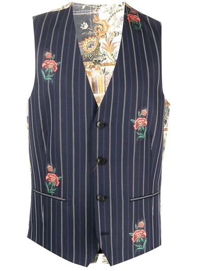 Etro Pinstripe Jacquard Waistcoat With Flowers In Navy Blue