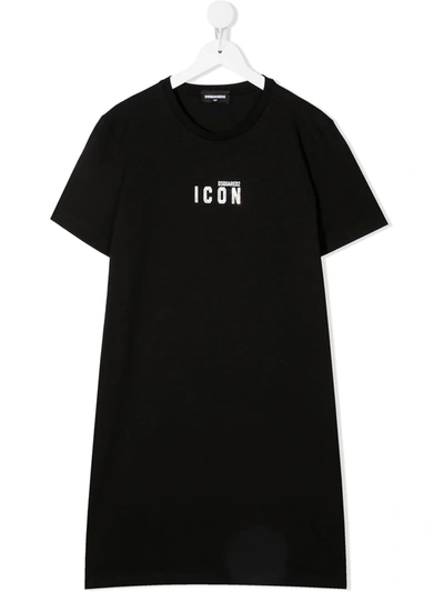 Dsquared2 Kids' Icon Print Cotton Jersey Dress In Black