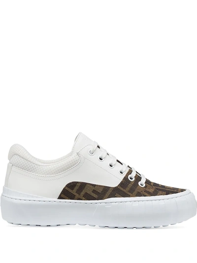 Fendi Mesh-trimmed Logo-jacquard Canvas And Leather Sneakers In White,brown