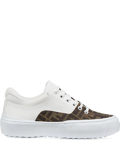 Fendi Mesh-trimmed Logo-jacquard Canvas And Leather Sneakers In Dark Brown