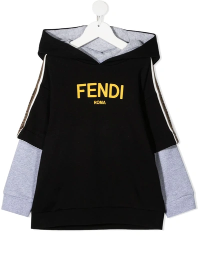 Fendi Kids' Logo印花分层式效果连帽衫 In Black
