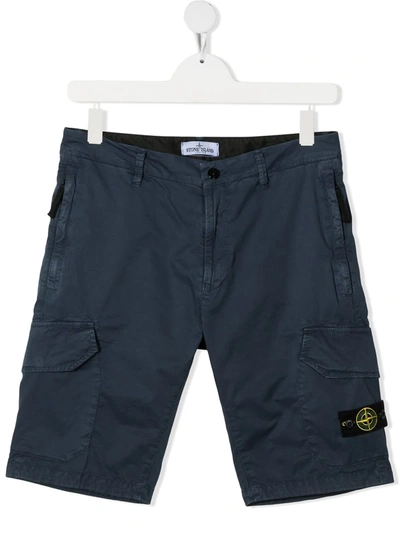 Stone Island Junior Kids' Compass-patch Faded Cargo Shorts In Blue