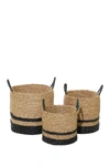 WILLOW ROW BLACK AND NATURAL WOVEN STRIPED ROUND SEAGRASS BASKETS WITH HANDLES,758647844623