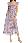 WAYF RUFFLE FLORAL PRINT LINEN MIDI DRESS,840047437304