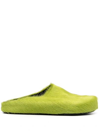 Marni Calf Hair Slippers In Lime