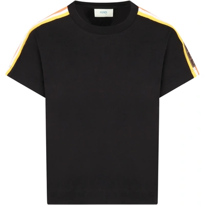 Fendi Black Teen T-shirt With Mulricolor Side Bands