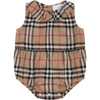 BURBERRY BEIGE ROMPER FOR BABYGIRL WITH VINTAGE CHECK,8038194