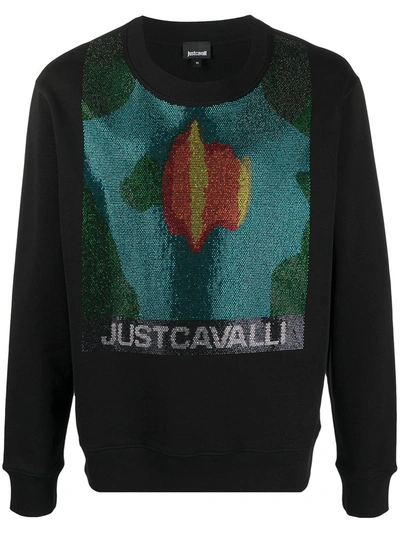 Just Cavalli Crystal-logo Crew Neck Sweatshirt In Black