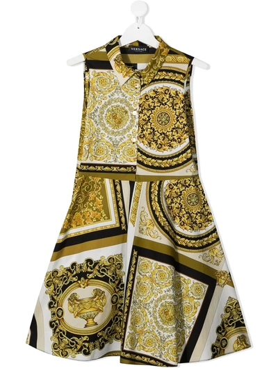 Young Versace Kids' Barocco-print Sleeveless Dress In Bianco/oro