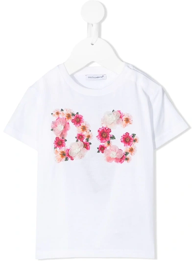 Dolce & Gabbana White T-shirt For Baby Girl With Flowers In Pink