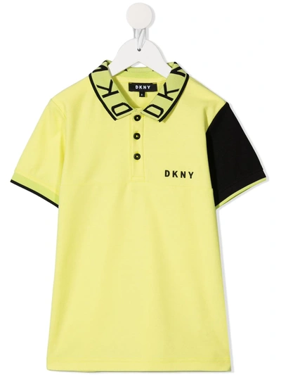 Dkny Kids' Two-tone Logo Print Polo Shirt In Yellow