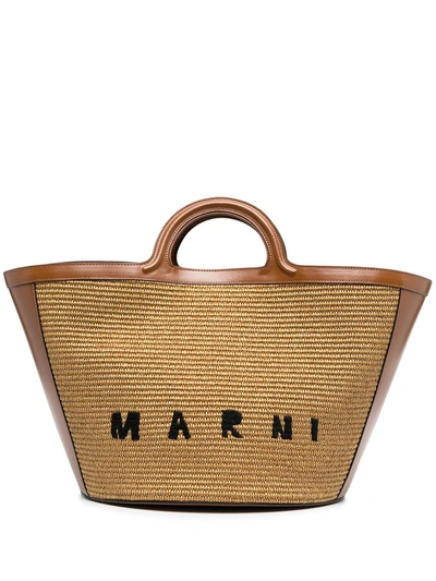 Marni Logo-embroidered Raffia Tote Bag In Brown