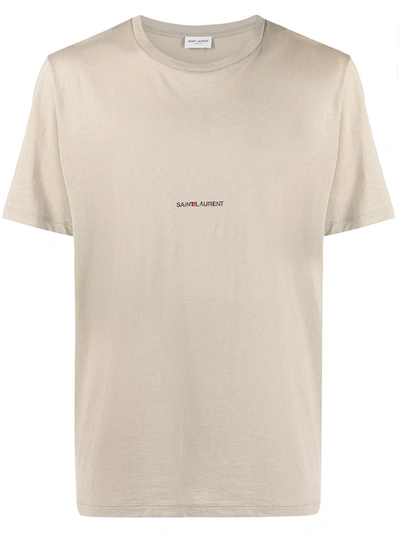 Saint Laurent Short-sleeved Cotton Logo T-shirt In Grey,beige