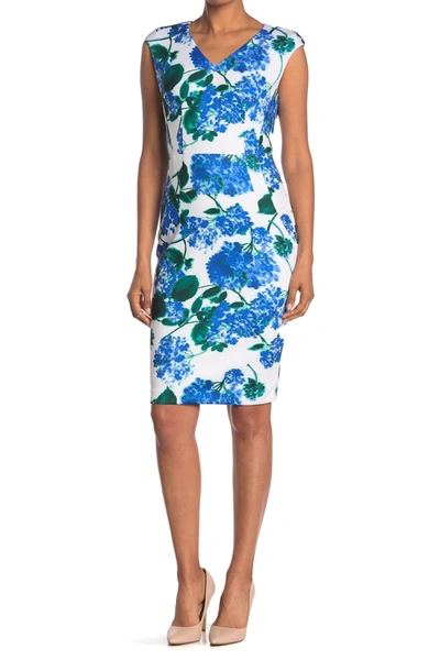 Calvin Klein Petite Floral-print V-neck Sheath Dress In Regatta Multi