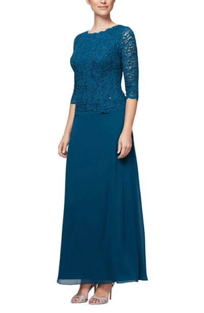 Alex Evenings Sequin Lace & Chiffon Gown In Blue