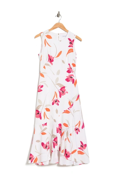 Calvin Klein Floral High-low Midi Dress In Coral Mult