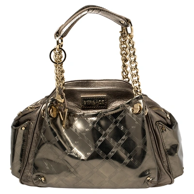 Pre-owned Versace Metallic Olive Green Signature Patent And Leather Chain Detail Satchel