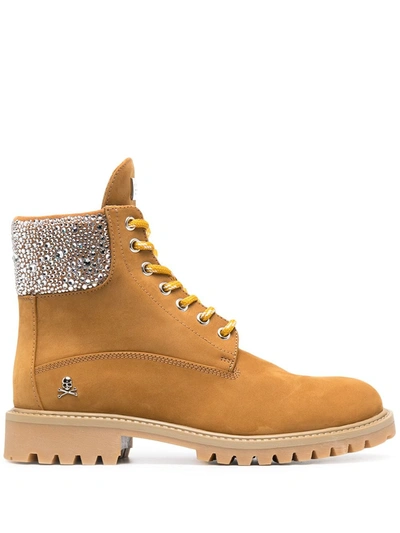 Philipp Plein Crystal-embellished Suede Boots In Nude