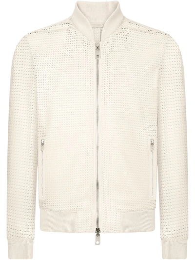 Dolce & Gabbana Perforated Leather Bomber Jacket In Cream