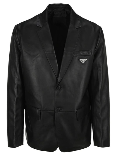 Prada Leather Single Breasted Jecket In Black