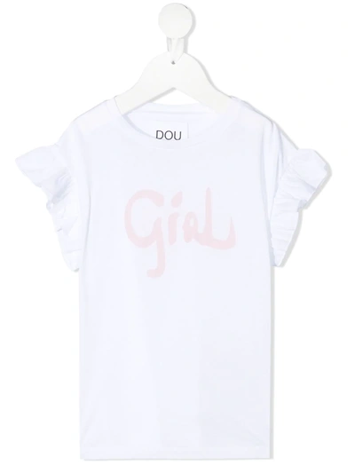 Douuod Kids' Slogan-print Ruffled T-shirt In Bianco