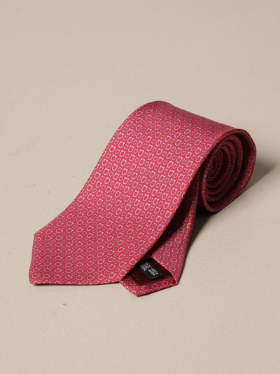 Ferragamo Silk Tie With Gancini Pattern In Red