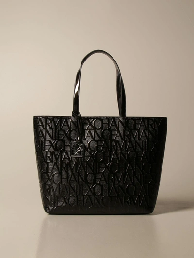 Armani Collezioni Armani Exchange Tote Bags Armani Exchange Shoulder Bag In Synthetic Patent Leather With Logo In Black
