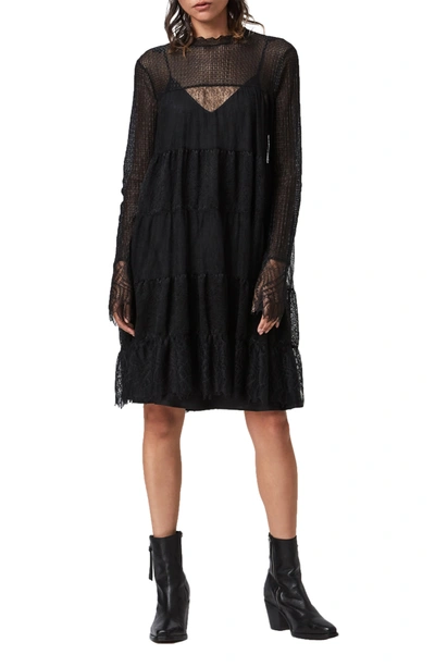 Allsaints Briella Lace Long Sleeve Dress In Black
