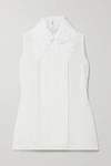 ANDREW GN GUIPURE LACE-TRIMMED PINTUCKED SILK-BLEND CREPE BLOUSE