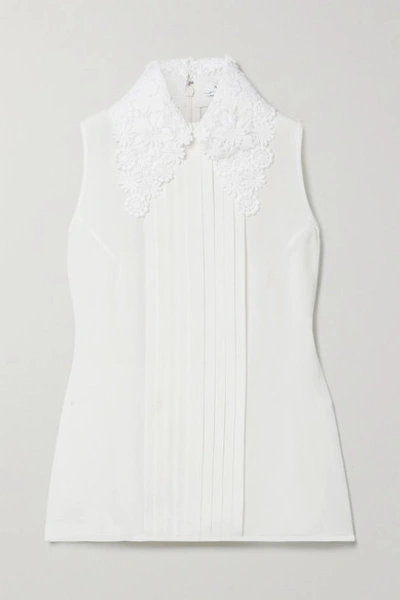 Andrew Gn Guipure Lace-trimmed Pintucked Silk-blend Crepe Blouse In White