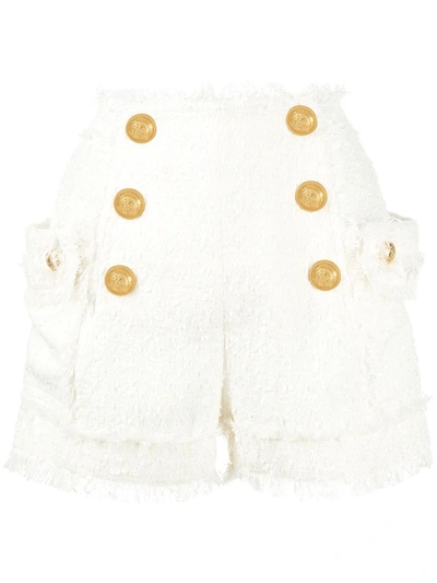 Balmain High-rise Tweed Shorts In White