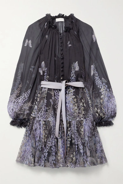 Zimmermann Wild Botanica Gathered Belted Printed Silk-crepon Mini Dress In Black