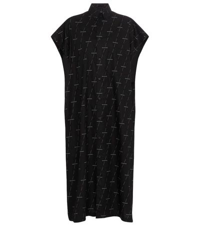 Balenciaga Diagonal Logo-print Poplin Midi Dress In Black