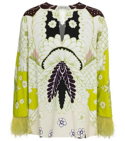 Valentino Feather-trimmed Arazzo-print Cotton-poplin Blouse In Multicolour