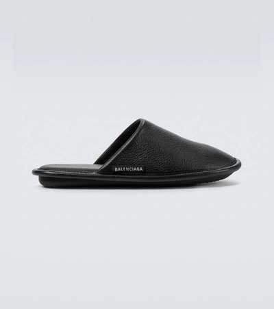 Balenciaga Logo Backless Leather Slippers In Black