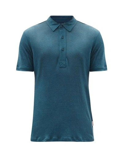 Orlebar Brown Mens Blue Slate Sebastian Linen Polo Shirt Xl