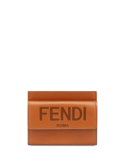 Fendi Brown Roma Leather Card Holder In Marron