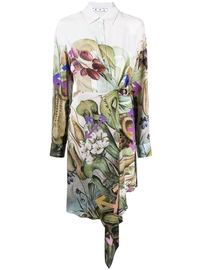 Off-white Botanical-print Belted Silk Shirtdress In White,green