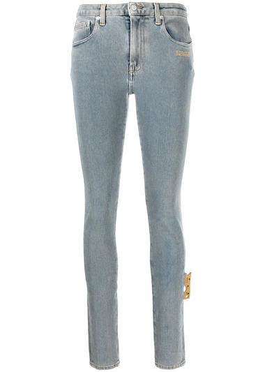 Off-white Frayed Color-block High-rise Skinny Jeans In Light Wash