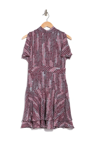 Reiss Natalie Geo Printed Mock Neck Tiered Mini Dress In Berry