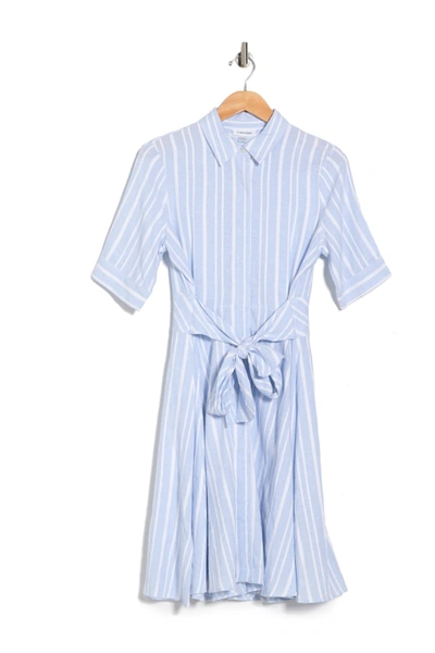 Calvin Klein Striped Tie Waist Shirt Dress In Serene Wht