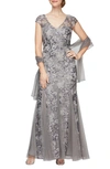 Alex Evenings Embellished-lace Embroidered Illusion Gown & Shawl In Pewter