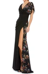 Mac Duggal Floral Beaded Flutter Sleeves Chiffon V Neck Faux Wrap Dress In Black Multi
