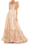 Mac Duggal Ruffle Tiered Cut-out Chiffon Floral Gown In Pink Multi