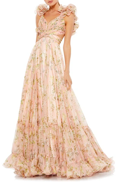 Mac Duggal Ruffle Tiered Cut-out Chiffon Floral Dress In Pink Multi