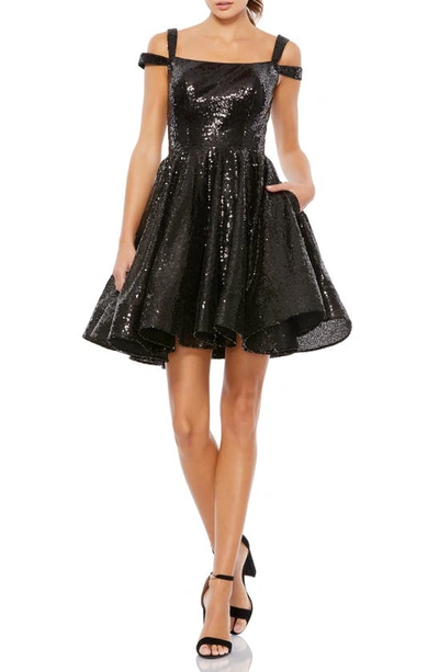Ieena For Mac Duggal Double Strap Cold Shoulder Sequin Fit & Flare Cocktail Dress In Noir Sequin