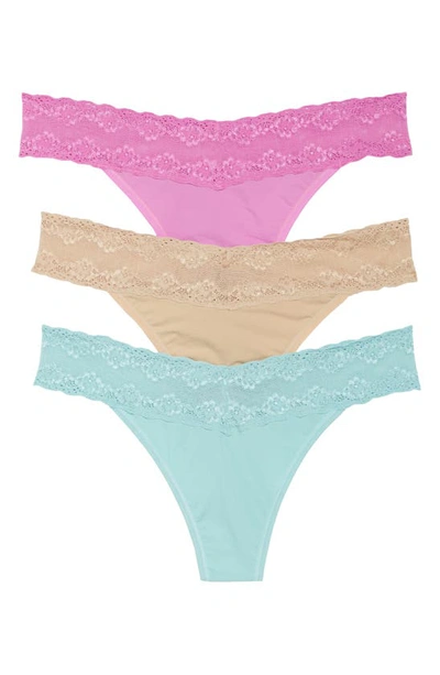 Natori Bliss Perfection Lace-trim Thong, Pack Of 3 In Summer Plum/aqua/cafe