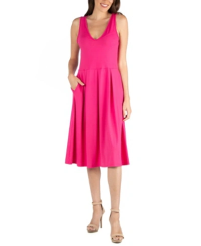 24seven Comfort Apparel Women's Fit And Flare Midi Sleeveless Dress With Pocket Detail In Pink