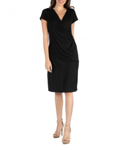 24seven Comfort Apparel Faux Wrap Over Dress With Cap Sleeves In Black